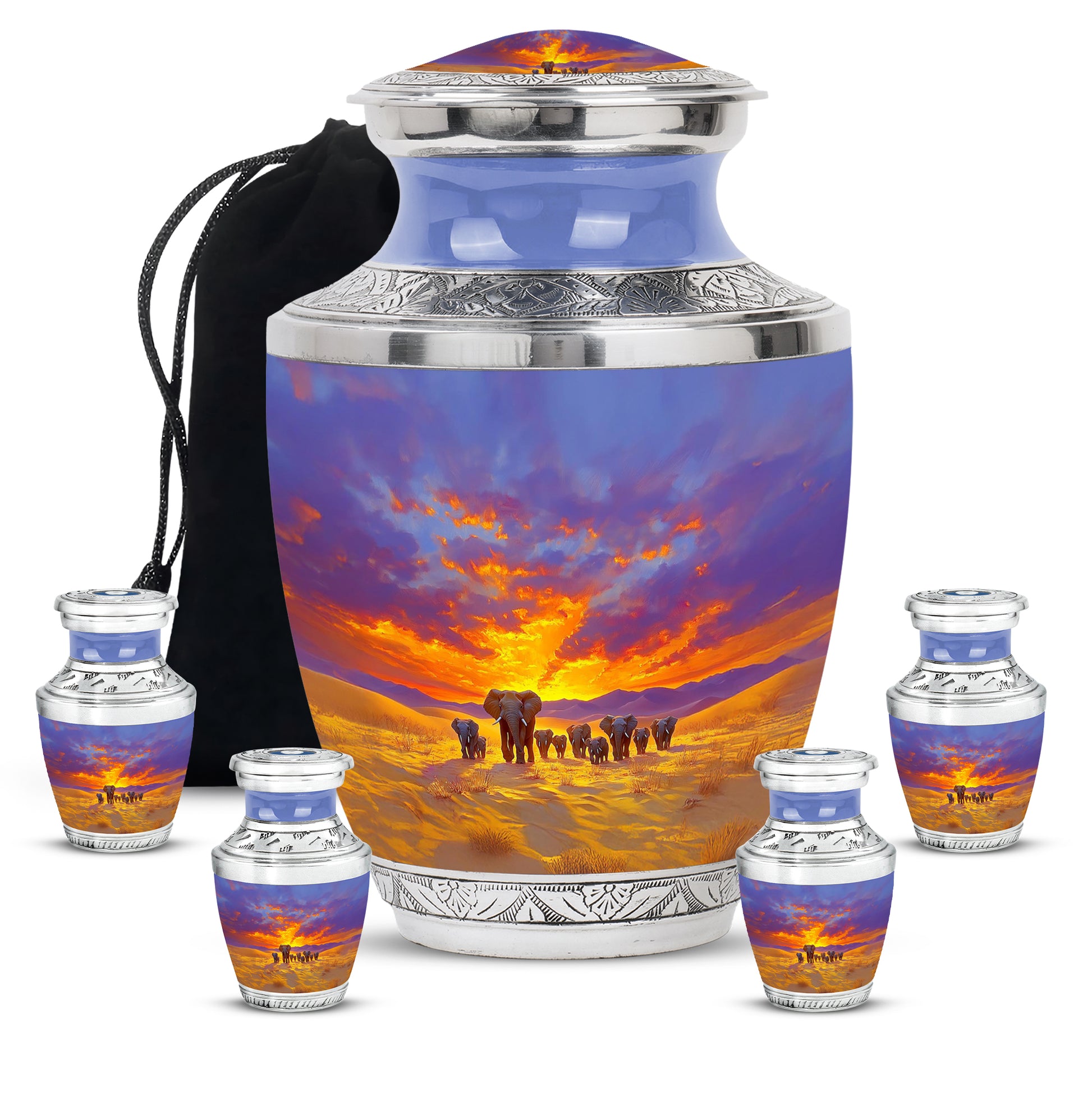 Sky Blue Elephant Cremation Urn lifestyle display on memorial shelf - contemporary elephant design with modern artistic flair - memorial set with one large and four small urns