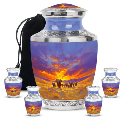 Sky Blue Elephant Cremation Urn lifestyle display on memorial shelf - contemporary elephant design with modern artistic flair - memorial set with one large and four small urns
