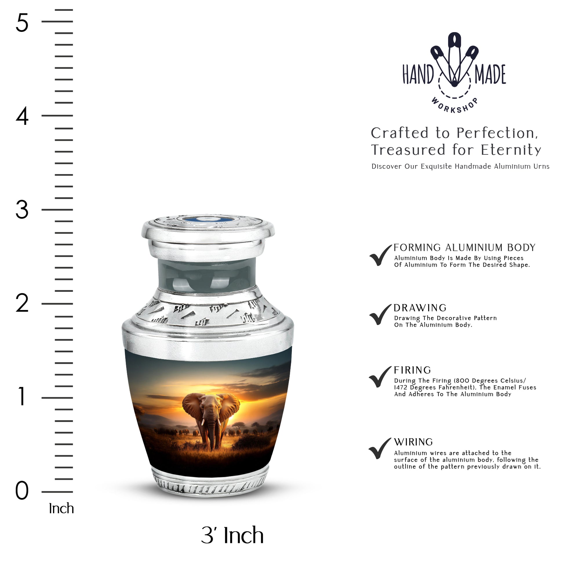 Royal Gold Elephant Cremation Urn top-down view of secure threaded lid - artistic elephant interpretation with creative detail - mini keepsake memorial for portion of cremation ashes
