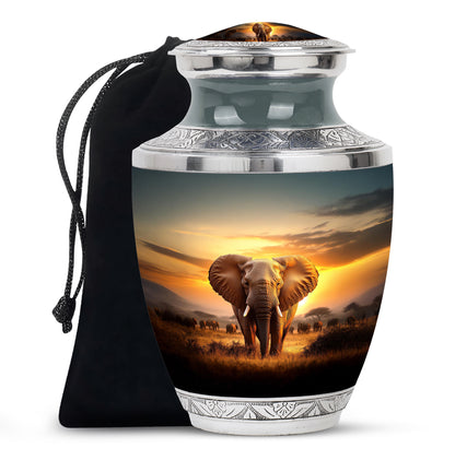 Sunrise Gold Elephant Cremation Urn side profile showing urn shape - modern art-inspired elephant motif on sleek aluminum - full-size 10 inch 200 cubic inch adult cremation urn