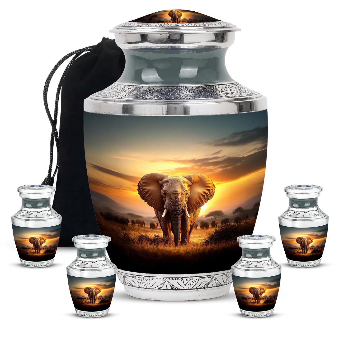 Amber Gold Elephant Cremation Urn lifestyle display on memorial shelf - modern art-inspired elephant motif on sleek aluminum - memorial set with one large and four small urns