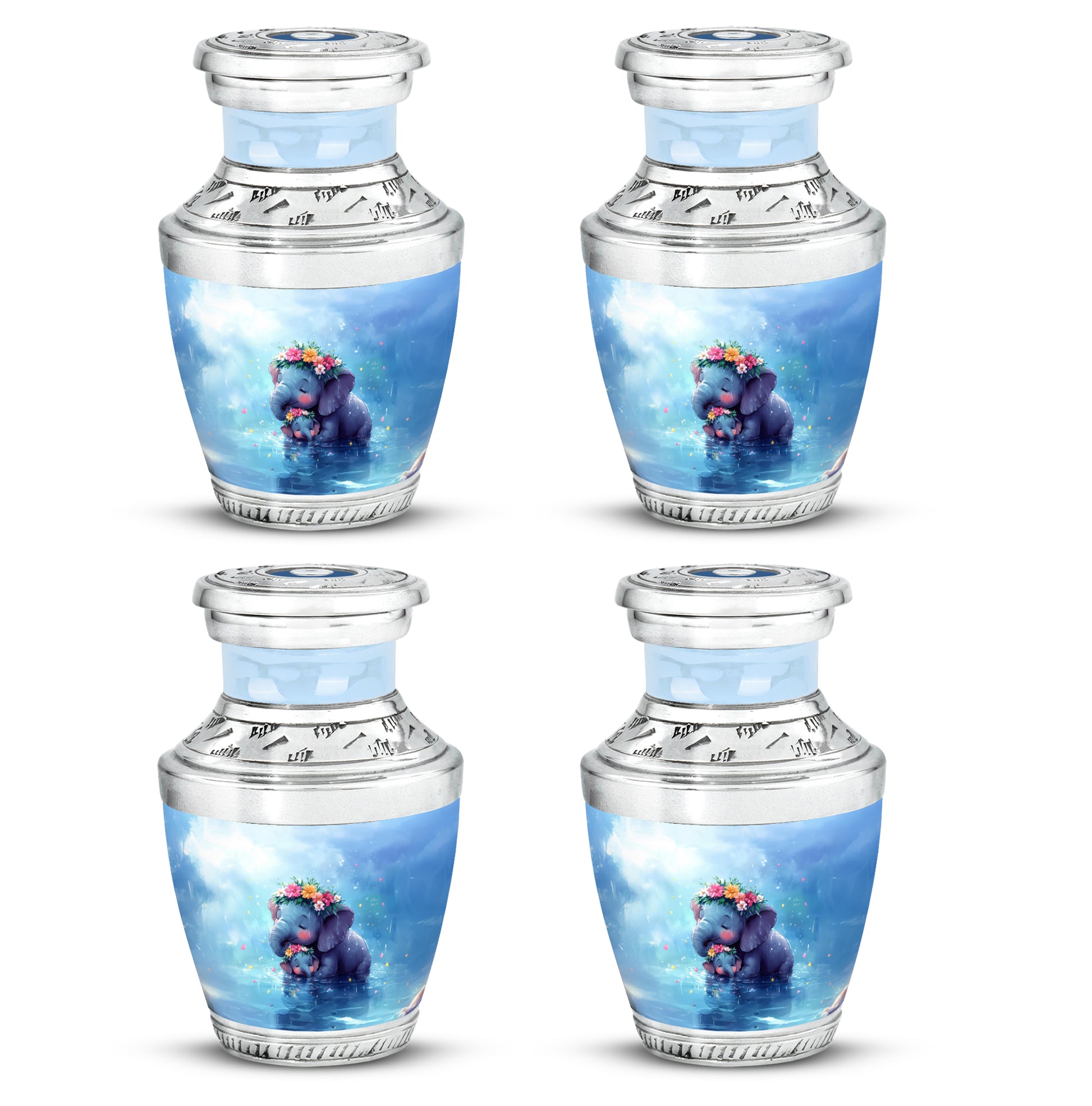 Misty Blue Elephant Cremation Urn back view with polished surface - modern art-inspired elephant motif on sleek aluminum - 10 inch aluminum urn for cremated remains