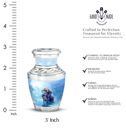 Celestial Blue Elephant Cremation Urn top-down view of secure threaded lid - contemporary elephant design with modern artistic flair - mini keepsake memorial for portion of cremation ashes