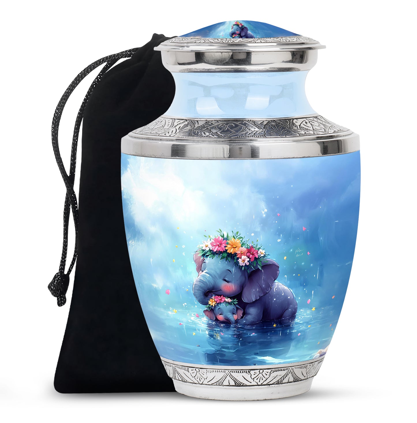 Twilight Blue Elephant Cremation Urn side profile showing urn shape - stylized abstract elephant pattern with bold lines - full-size 10 inch 200 cubic inch adult cremation urn