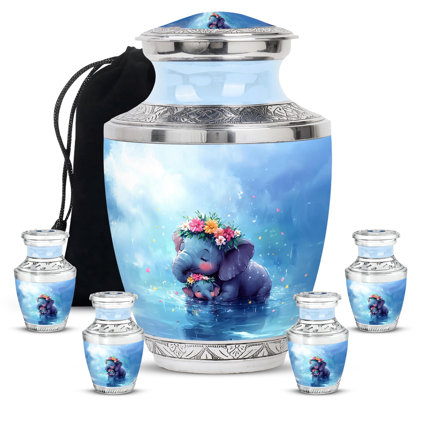 Sapphire Blue Elephant Cremation Urn lifestyle display on memorial shelf - artistic elephant interpretation with creative detail - memorial set with one large and four small urns