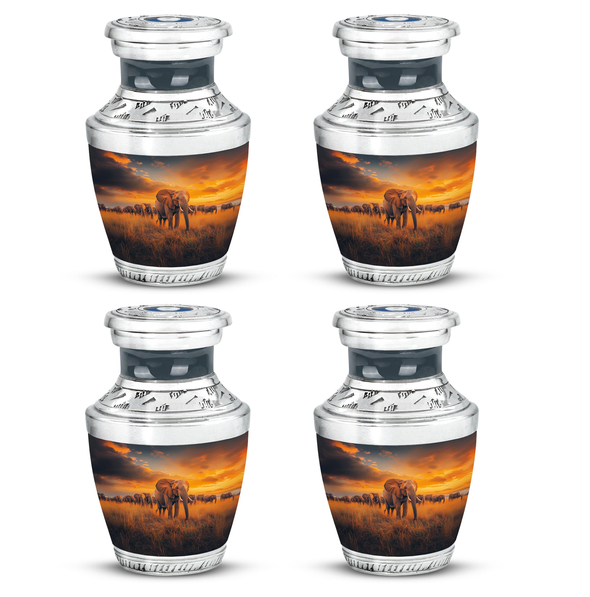 Indigo Elephant Cremation Urn back view with polished surface - modern art-inspired elephant motif on sleek aluminum - 10 inch aluminum urn for cremated remains