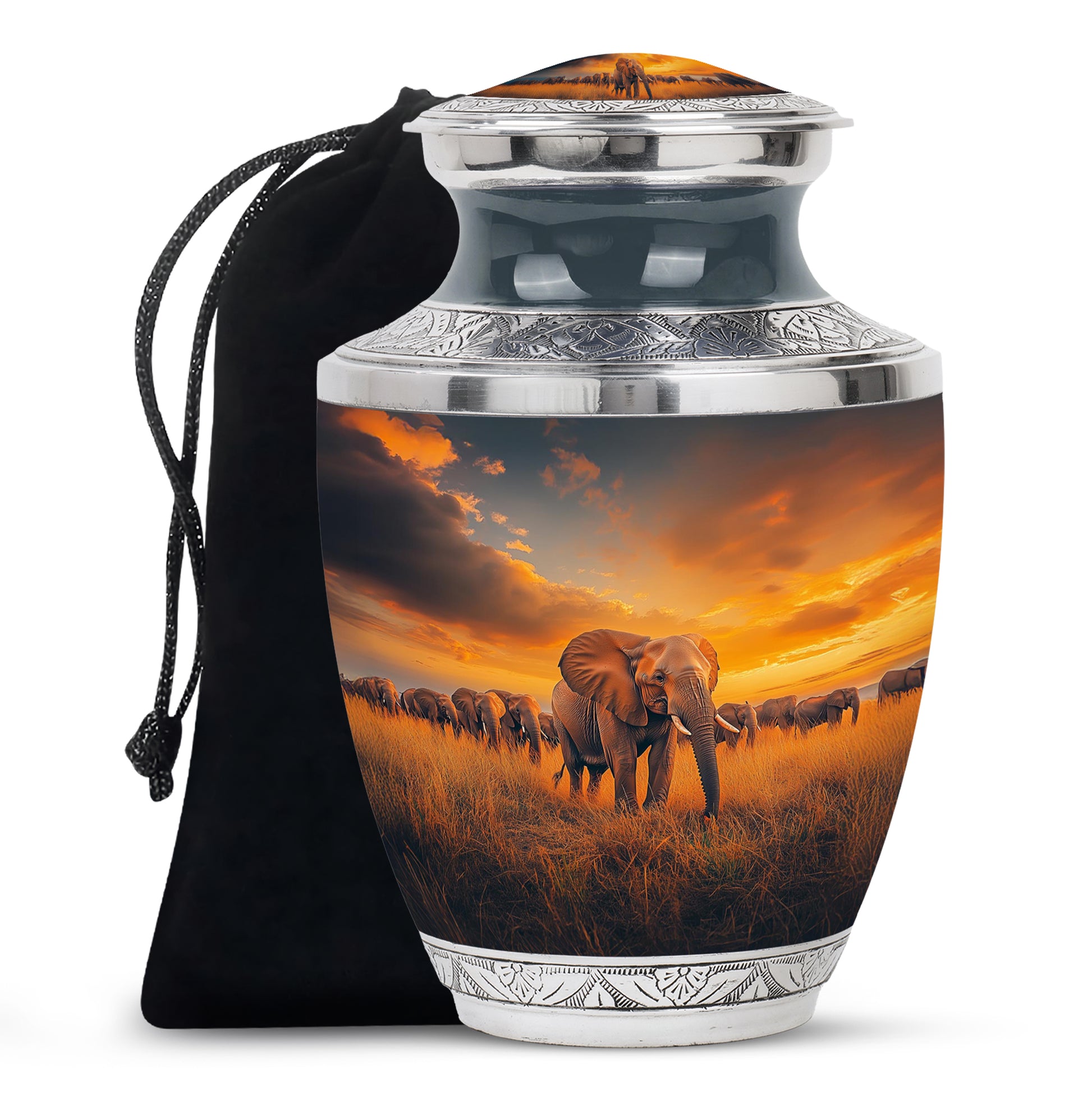 Calming Blue Elephant Cremation Urn side profile showing urn shape - artistic elephant interpretation with creative detail - full-size 10 inch 200 cubic inch adult cremation urn