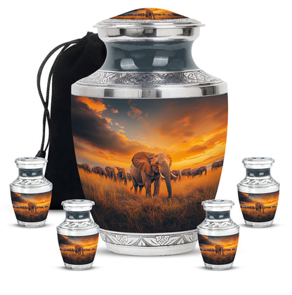 Royal Blue Elephant Cremation Urn lifestyle display on memorial shelf - artistic elephant interpretation with creative detail - memorial set with one large and four small urns