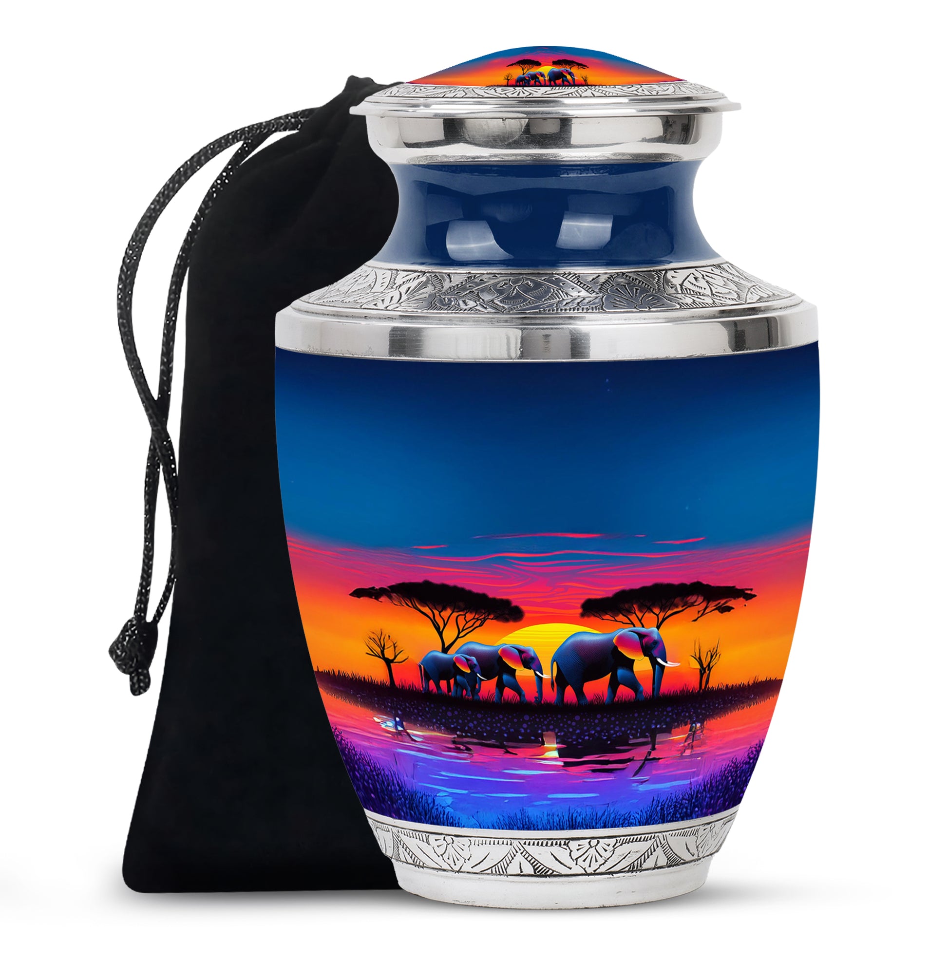 Vivid Blue Elephant Cremation Urn side profile showing urn shape - artistic elephant interpretation with creative detail - full-size 10 inch 200 cubic inch adult cremation urn