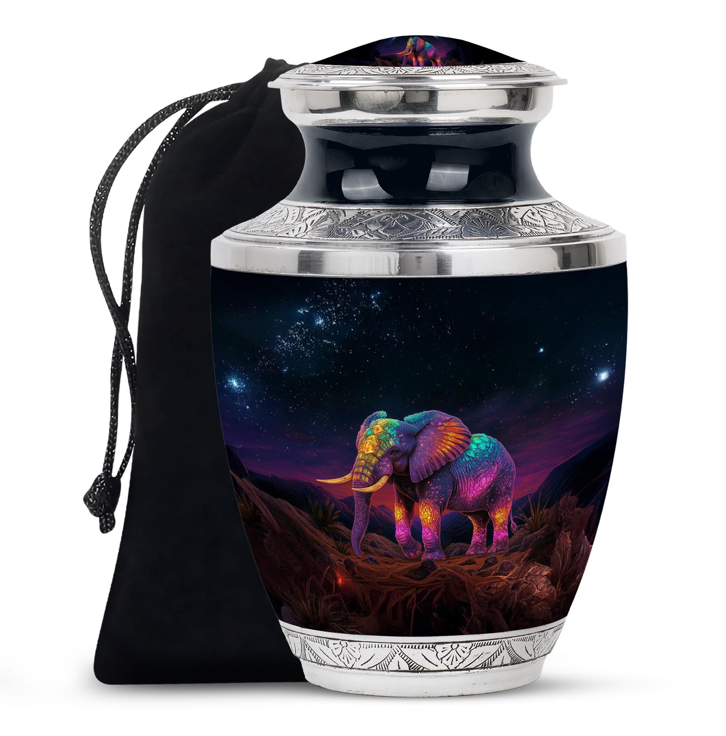Onyx Black Elephant Cremation Urn side profile showing urn shape - artistic elephant interpretation with creative detail - full-size 10 inch 200 cubic inch adult cremation urn