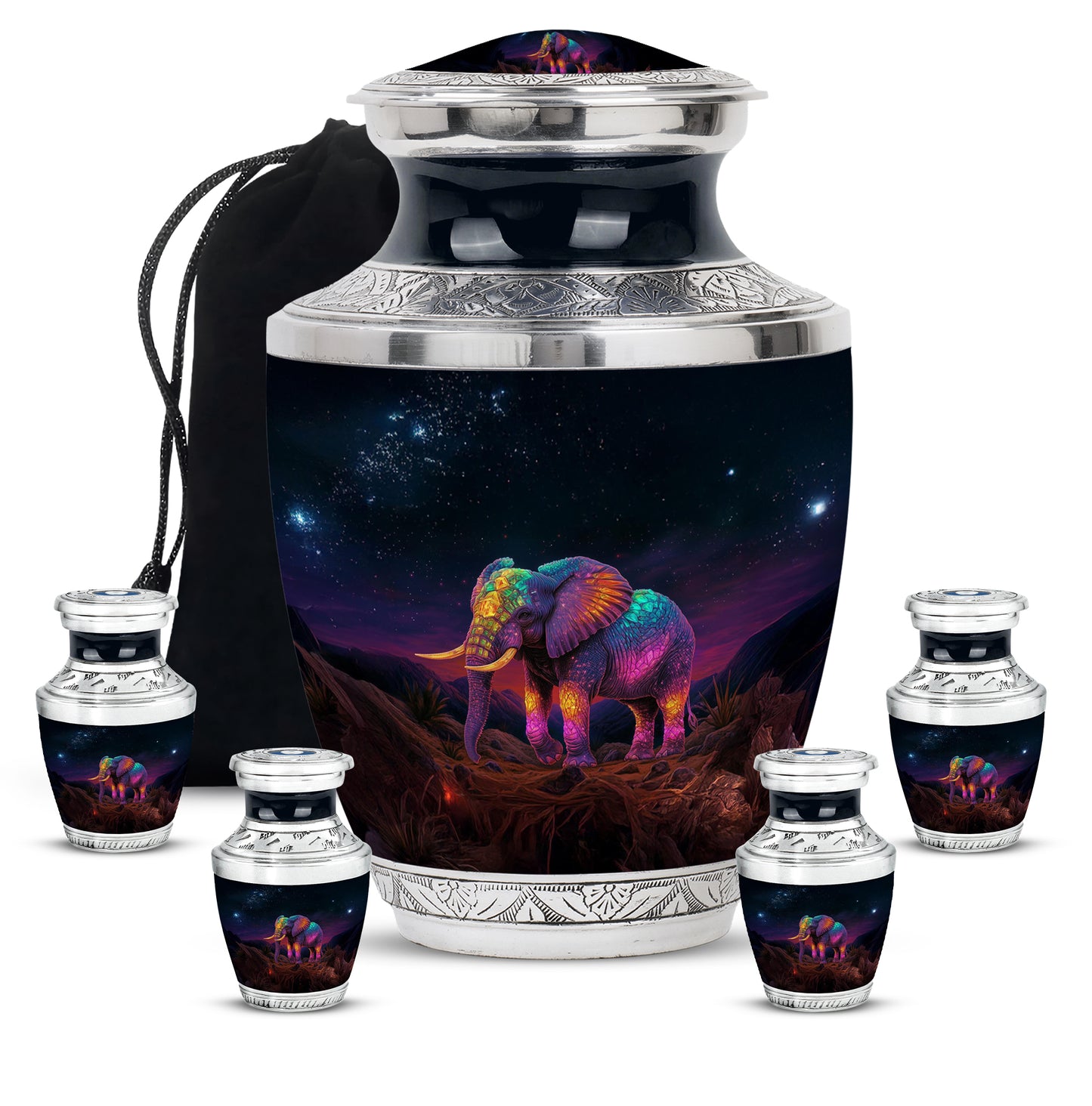 Deep Black Elephant Cremation Urn lifestyle display on memorial shelf - contemporary elephant design with modern artistic flair - memorial set with one large and four small urns
