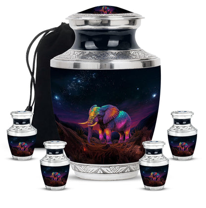 Deep Black Elephant Cremation Urn lifestyle display on memorial shelf - contemporary elephant design with modern artistic flair - memorial set with one large and four small urns
