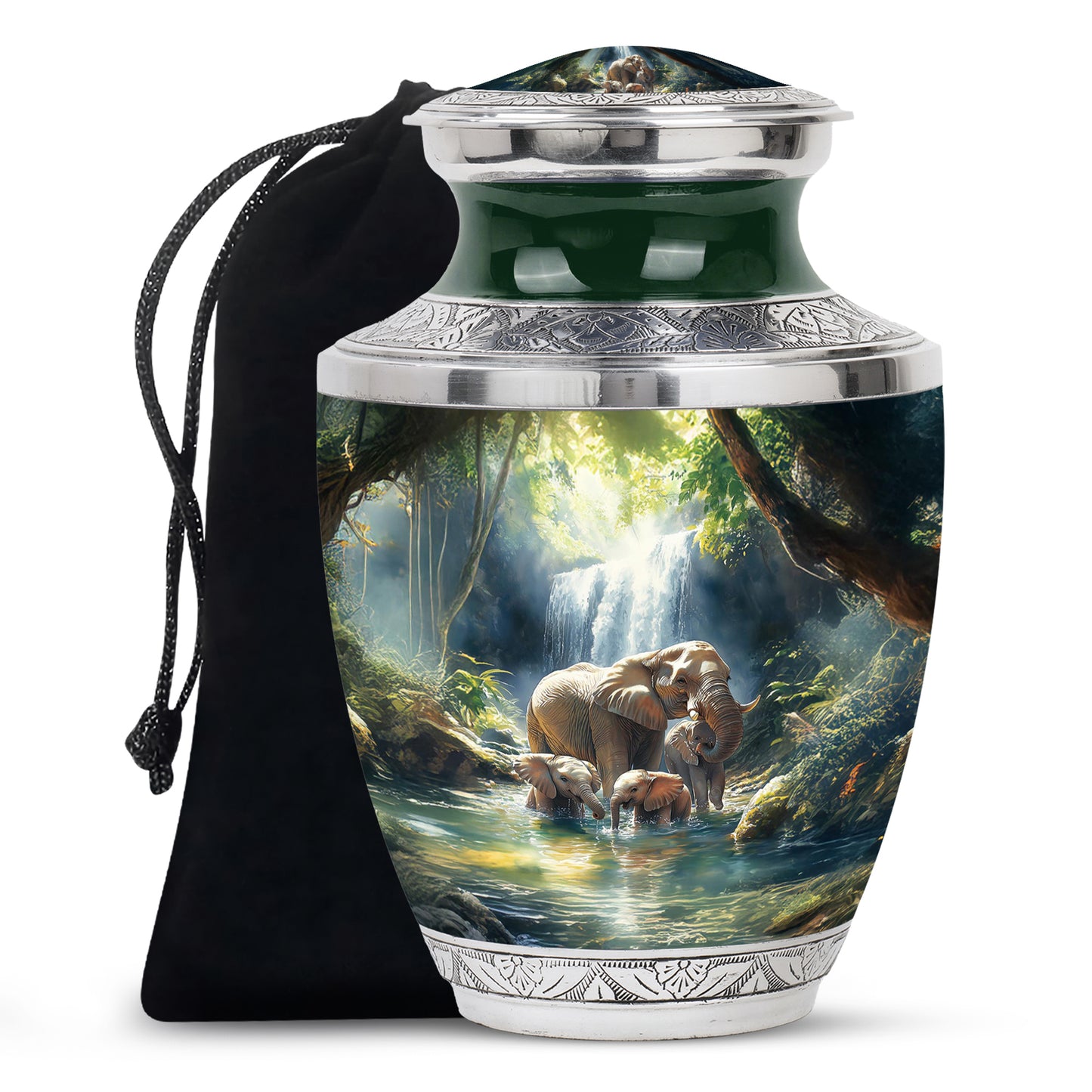 Powder Blue Elephant Cremation Urn side profile showing urn shape - contemporary elephant design with modern artistic flair - full-size 10 inch 200 cubic inch adult cremation urn