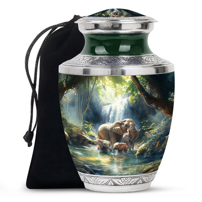 Powder Blue Elephant Cremation Urn side profile showing urn shape - contemporary elephant design with modern artistic flair - full-size 10 inch 200 cubic inch adult cremation urn