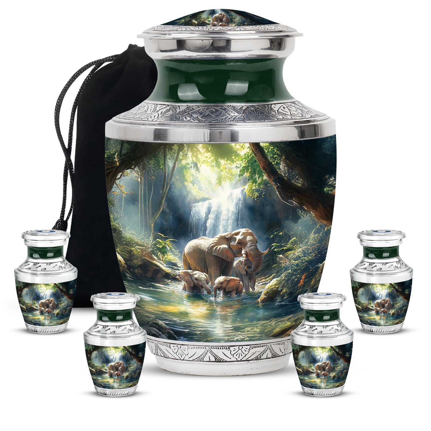 Navy Blue Elephant Cremation Urn lifestyle display on memorial shelf - contemporary elephant design with modern artistic flair - memorial set with one large and four small urns
