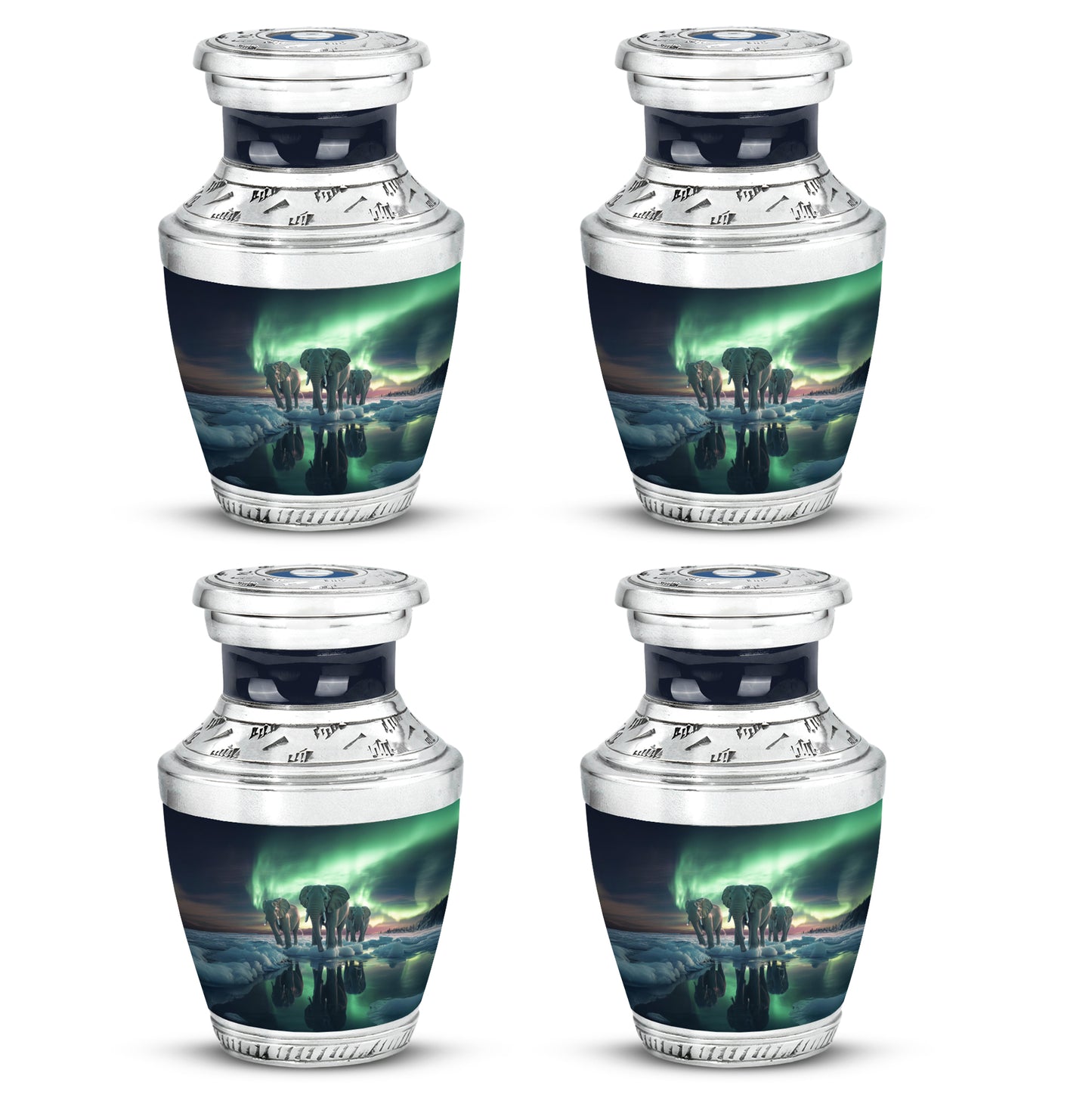 Powder Blue Elephant Cremation Urn back view with polished surface - contemporary elephant design with modern artistic flair - 10 inch aluminum urn for cremated remains