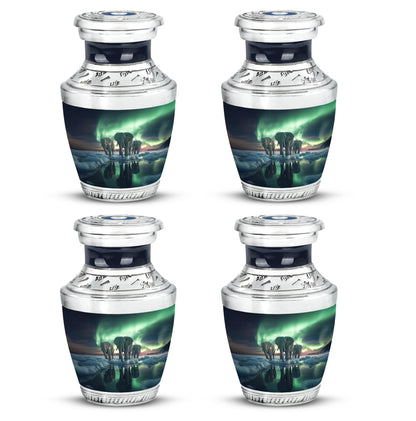 Powder Blue Elephant Cremation Urn back view with polished surface - contemporary elephant design with modern artistic flair - 10 inch aluminum urn for cremated remains