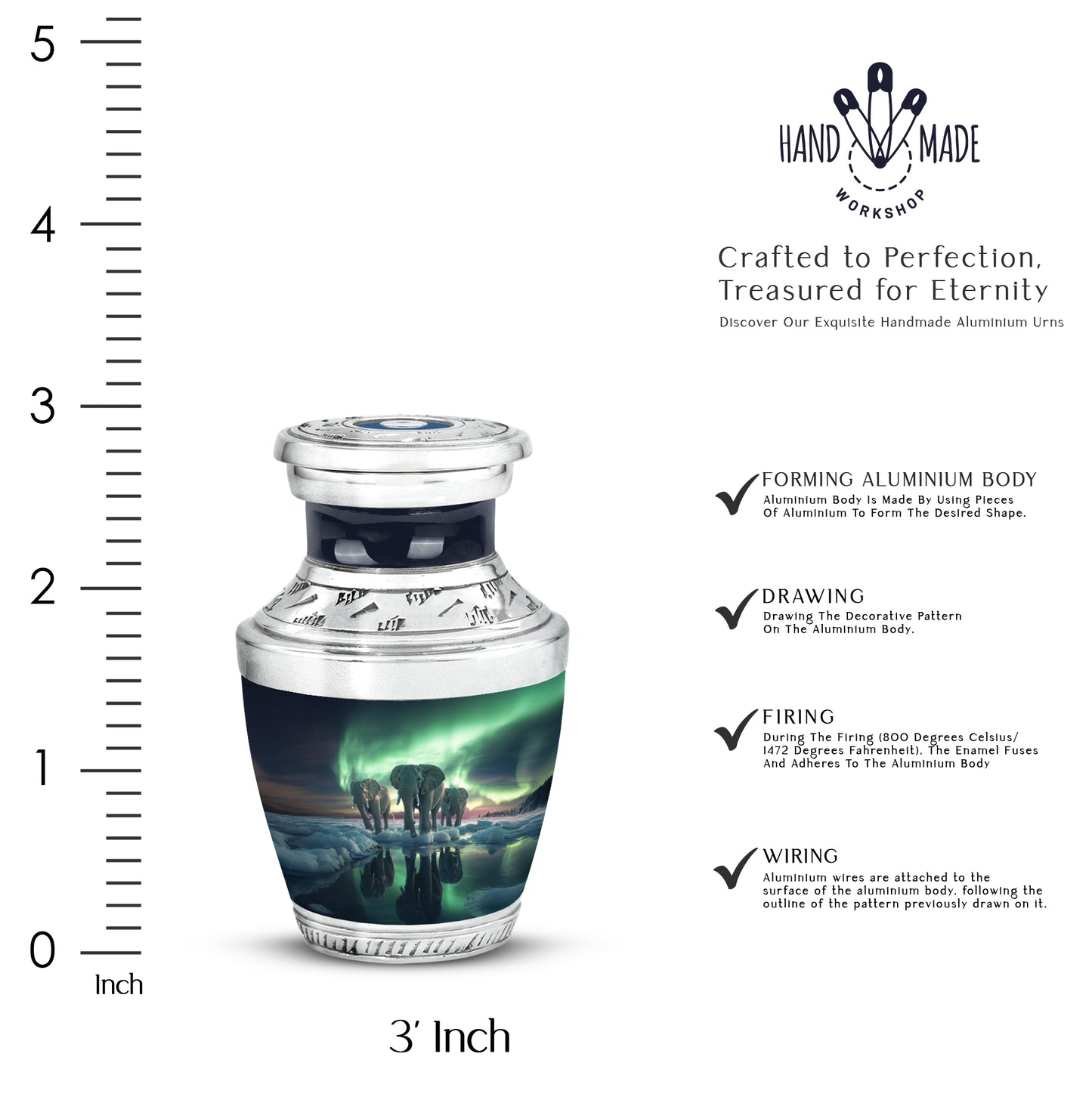Bright Blue Elephant Cremation Urn top-down view of secure threaded lid - stylized abstract elephant pattern with bold lines - mini keepsake memorial for portion of cremation ashes