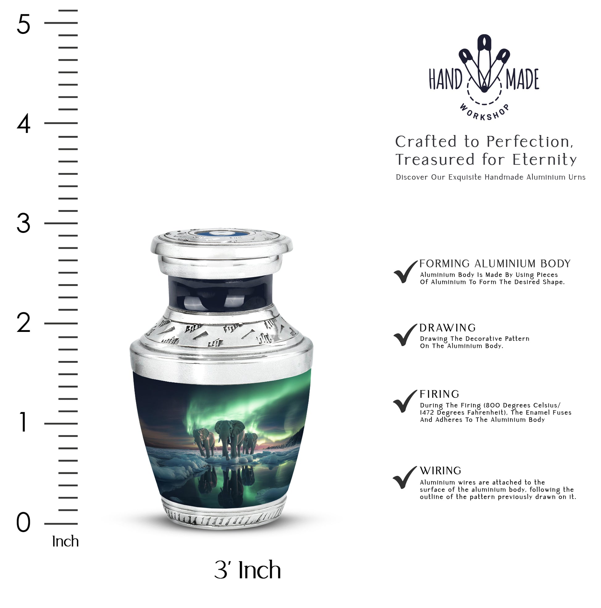 Bright Blue Elephant Cremation Urn top-down view of secure threaded lid - stylized abstract elephant pattern with bold lines - mini keepsake memorial for portion of cremation ashes