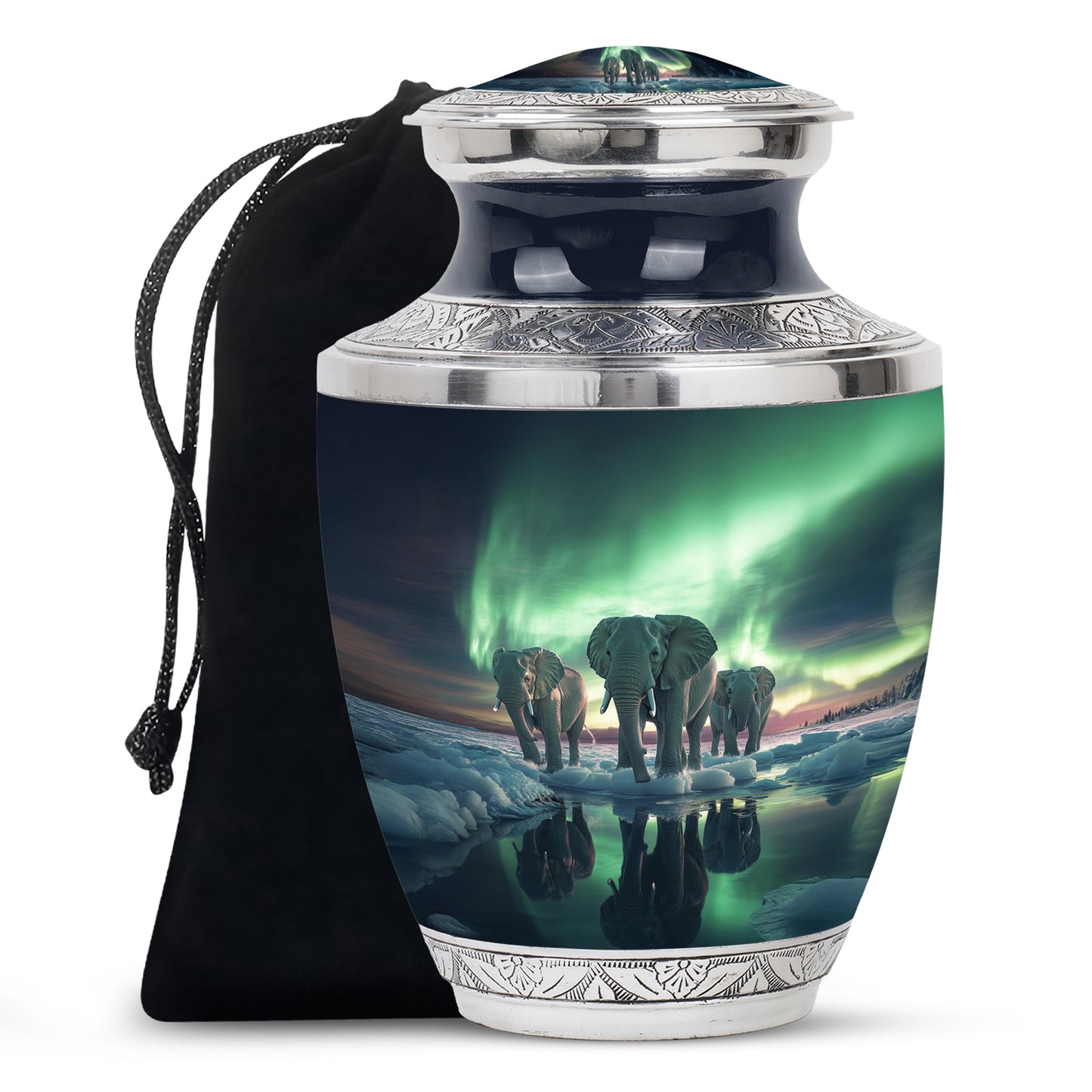 Serene Blue Elephant Cremation Urn side profile showing urn shape - artistic elephant interpretation with creative detail - full-size 10 inch 200 cubic inch adult cremation urn