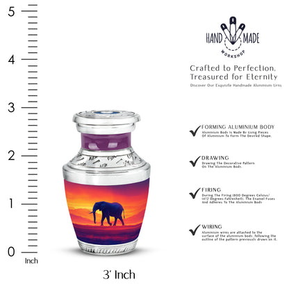 Cherry Red Elephant Cremation Urn top-down view of secure threaded lid - stylized abstract elephant pattern with bold lines - mini keepsake memorial for portion of cremation ashes