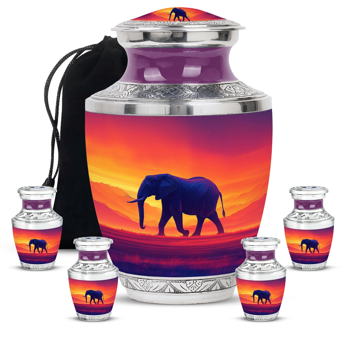Cherry Red Elephant Cremation Urn lifestyle display on memorial shelf - stylized abstract elephant pattern with bold lines - memorial set with one large and four small urns