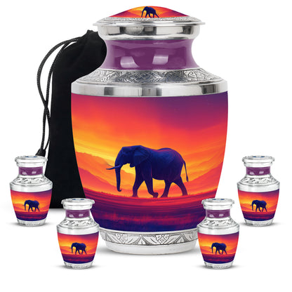 Cherry Red Elephant Cremation Urn lifestyle display on memorial shelf - stylized abstract elephant pattern with bold lines - memorial set with one large and four small urns