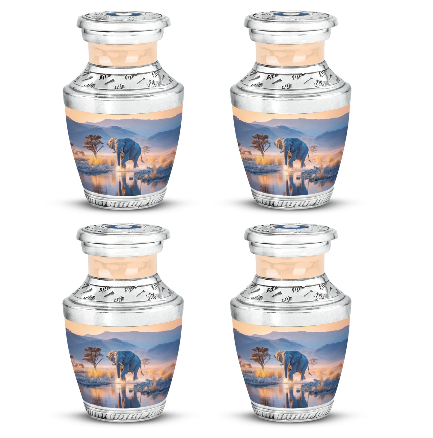 Vivid Blue Elephant Cremation Urn back view with polished surface - stylized abstract elephant pattern with bold lines - 10 inch aluminum urn for cremated remains