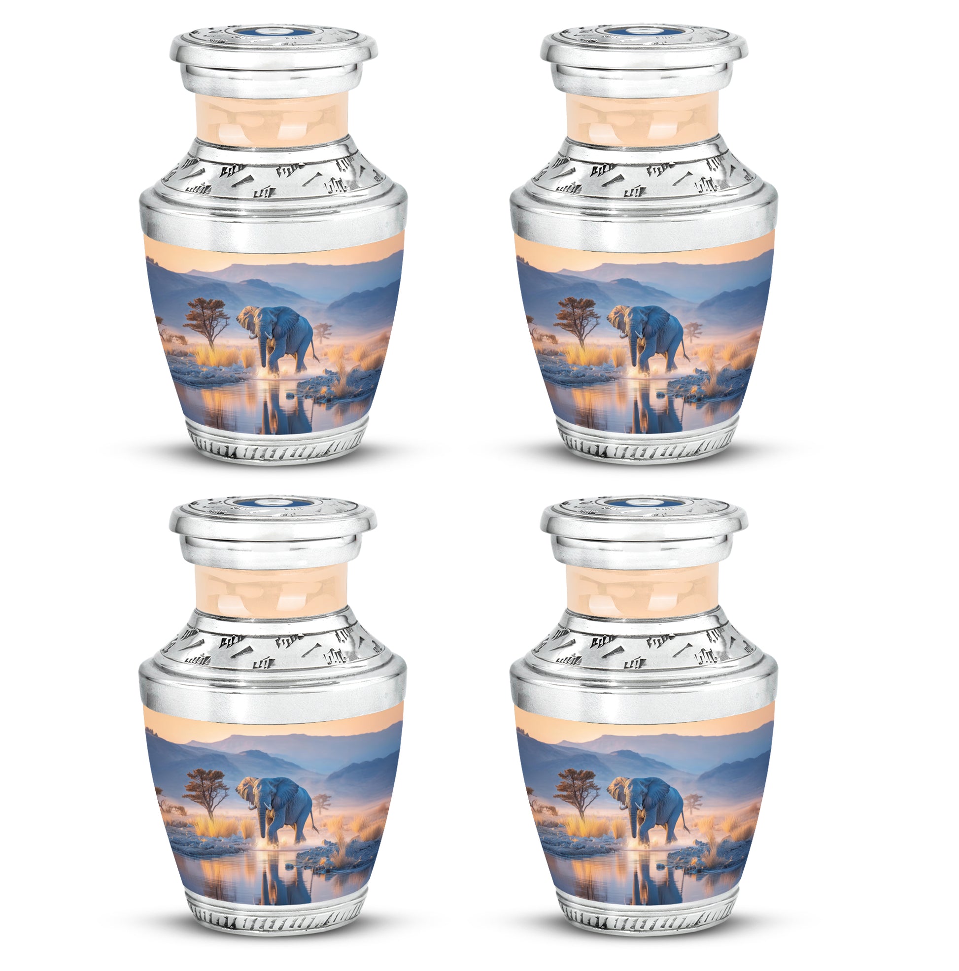 Vivid Blue Elephant Cremation Urn back view with polished surface - stylized abstract elephant pattern with bold lines - 10 inch aluminum urn for cremated remains