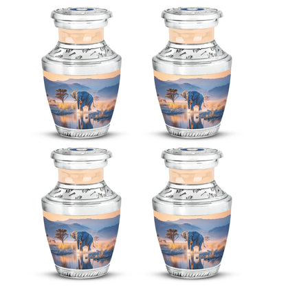 Vivid Blue Elephant Cremation Urn back view with polished surface - stylized abstract elephant pattern with bold lines - 10 inch aluminum urn for cremated remains