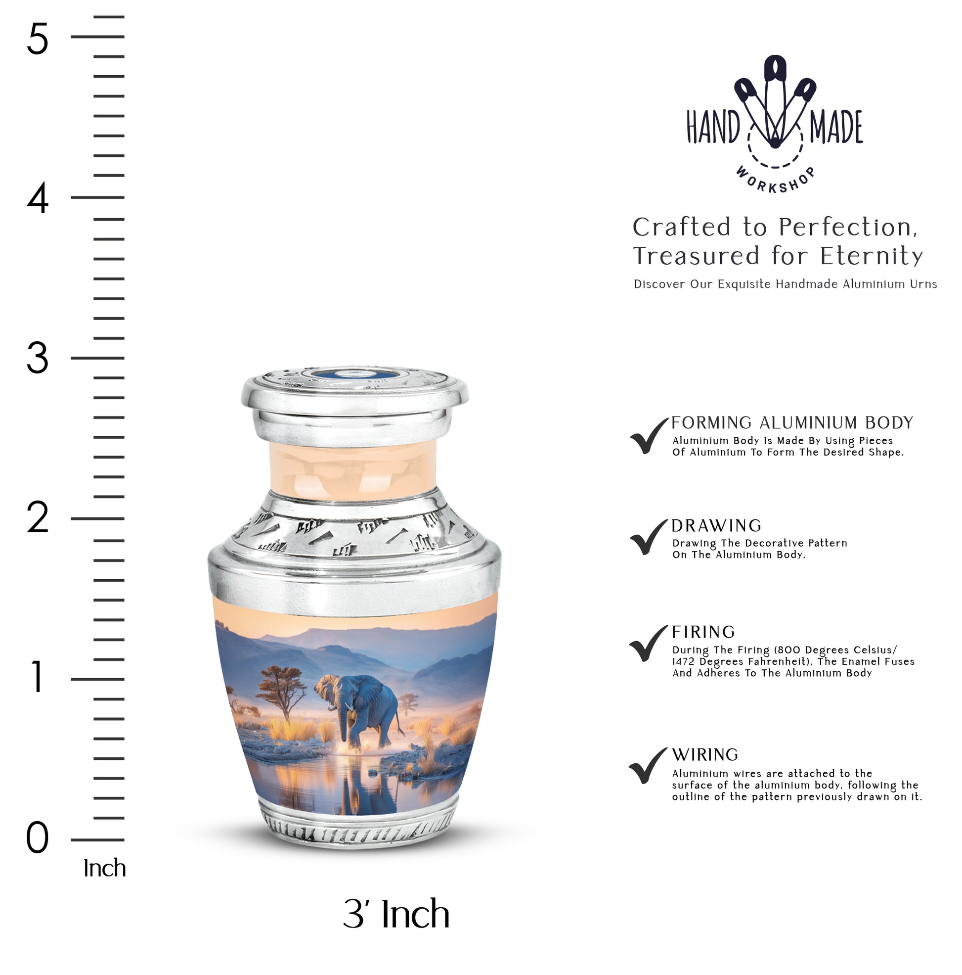 Celestial Blue Elephant Cremation Urn top-down view of secure threaded lid - modern art-inspired elephant motif on sleek aluminum - mini keepsake memorial for portion of cremation ashes