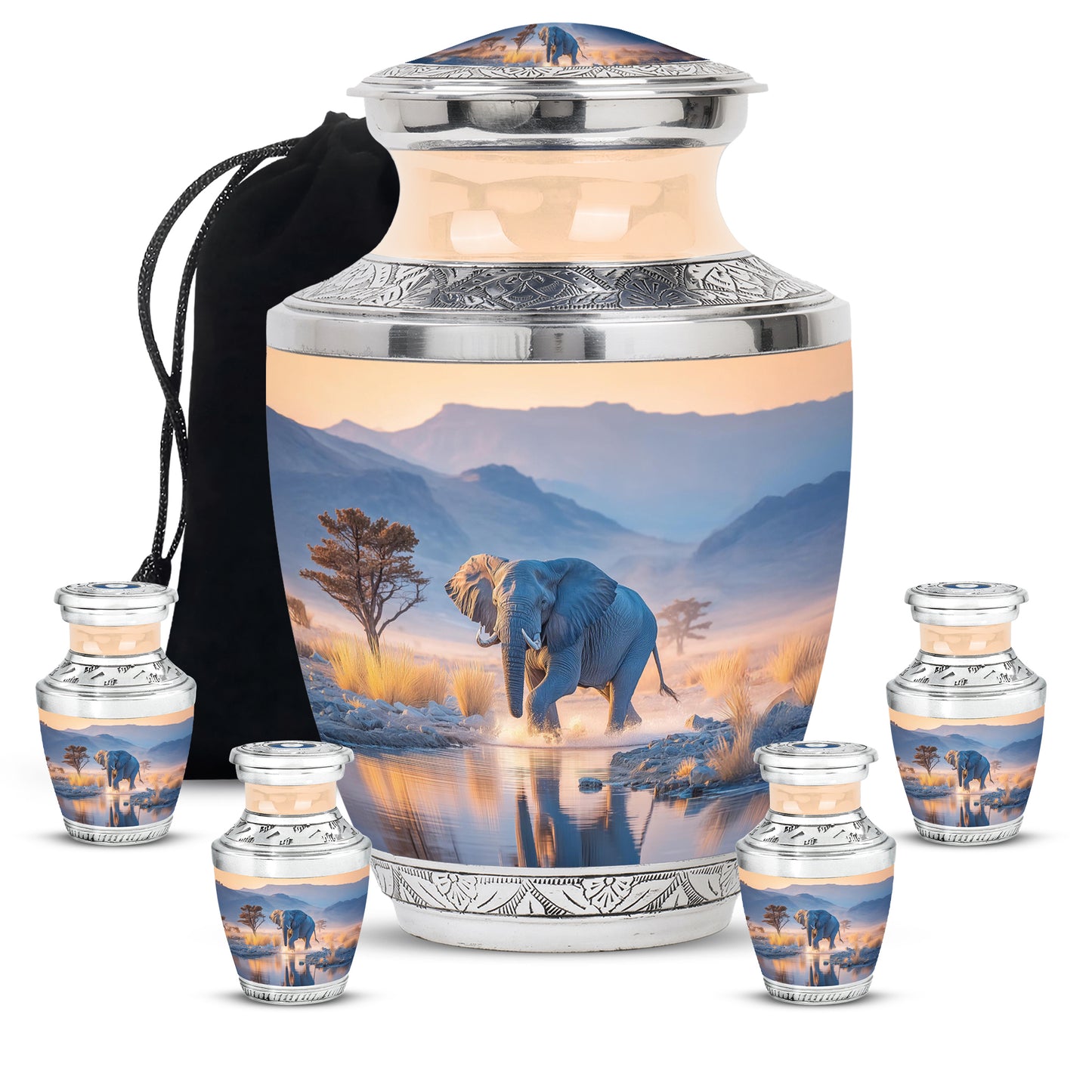 Dusty Blue Elephant Cremation Urn lifestyle display on memorial shelf - modern art-inspired elephant motif on sleek aluminum - memorial set with one large and four small urns