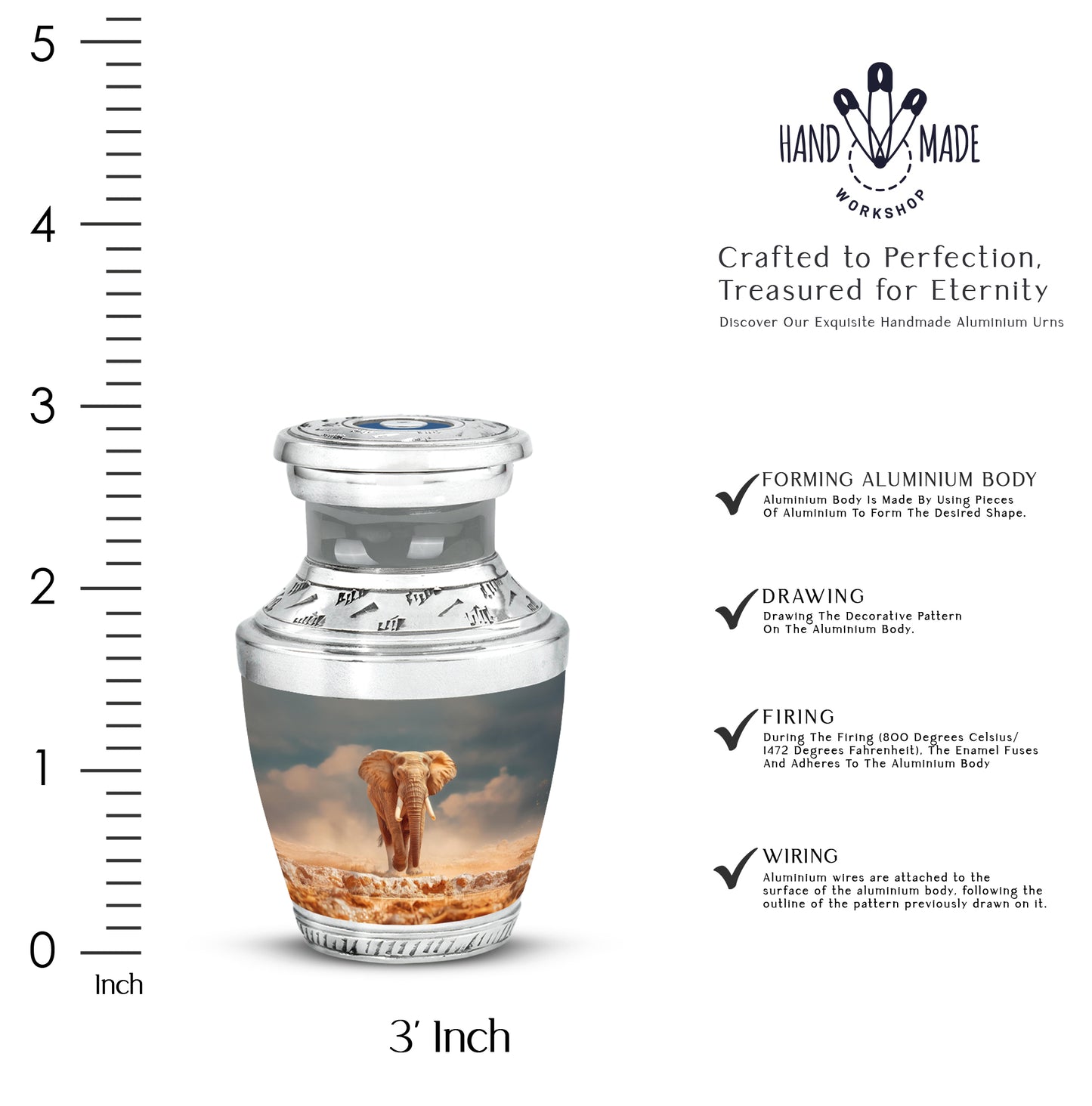 Cool Teal Elephant Cremation Urn top-down view of secure threaded lid - modern art-inspired elephant motif on sleek aluminum - mini keepsake memorial for portion of cremation ashes