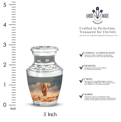 Cool Teal Elephant Cremation Urn top-down view of secure threaded lid - modern art-inspired elephant motif on sleek aluminum - mini keepsake memorial for portion of cremation ashes