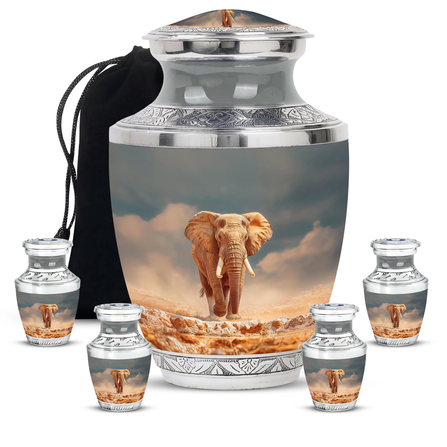 Jewel Teal Elephant Cremation Urn lifestyle display on memorial shelf - modern art-inspired elephant motif on sleek aluminum - memorial set with one large and four small urns