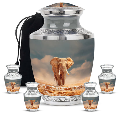 Jewel Teal Elephant Cremation Urn lifestyle display on memorial shelf - modern art-inspired elephant motif on sleek aluminum - memorial set with one large and four small urns