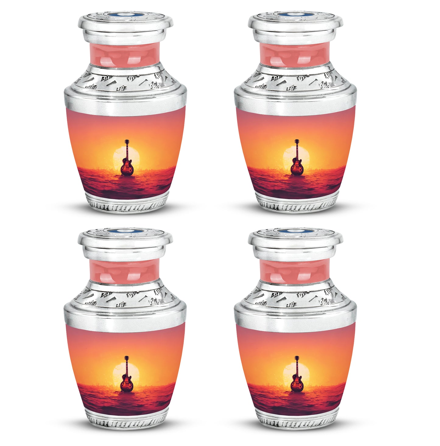 Rich Red Guitar Cremation Urn back view with polished surface - stylized abstract guitar pattern with bold lines - 10 inch aluminum urn for cremated remains