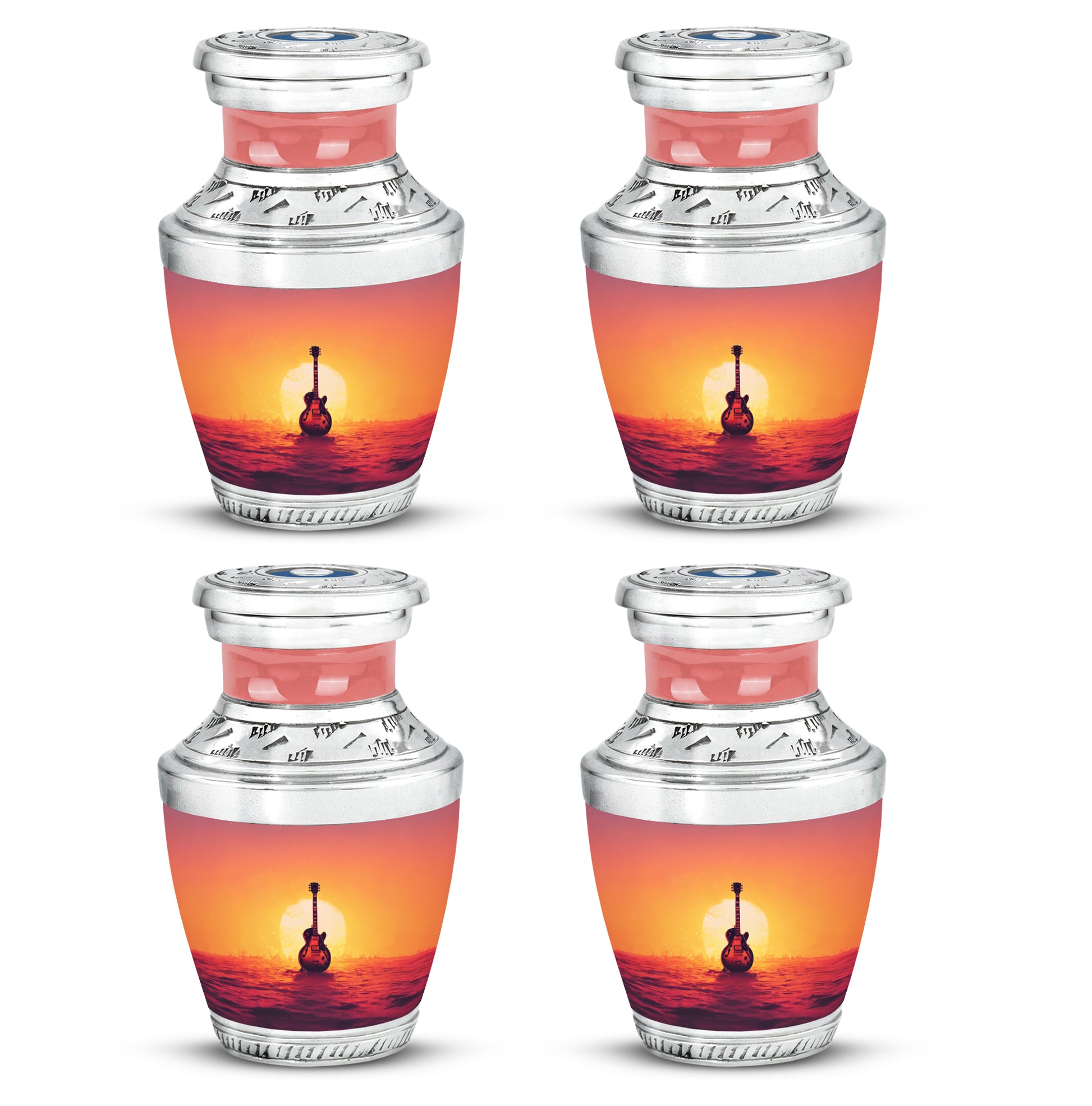 Rich Red Guitar Cremation Urn back view with polished surface - stylized abstract guitar pattern with bold lines - 10 inch aluminum urn for cremated remains