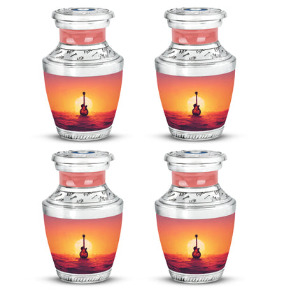Rich Red Guitar Cremation Urn back view with polished surface - stylized abstract guitar pattern with bold lines - 10 inch aluminum urn for cremated remains