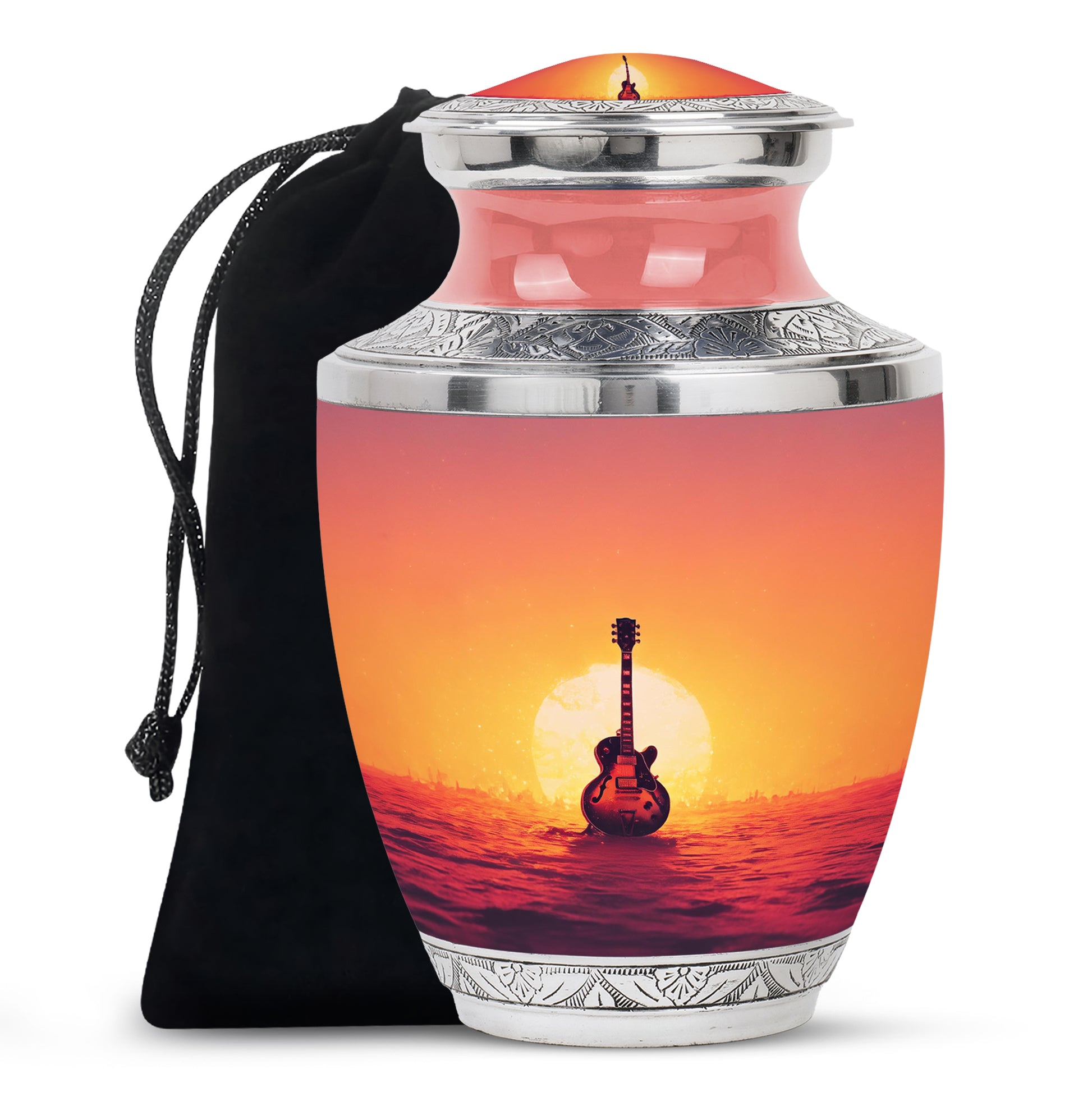 Wine Red Guitar Cremation Urn side profile showing urn shape - modern art-inspired guitar motif on sleek aluminum - full-size 10 inch 200 cubic inch adult cremation urn