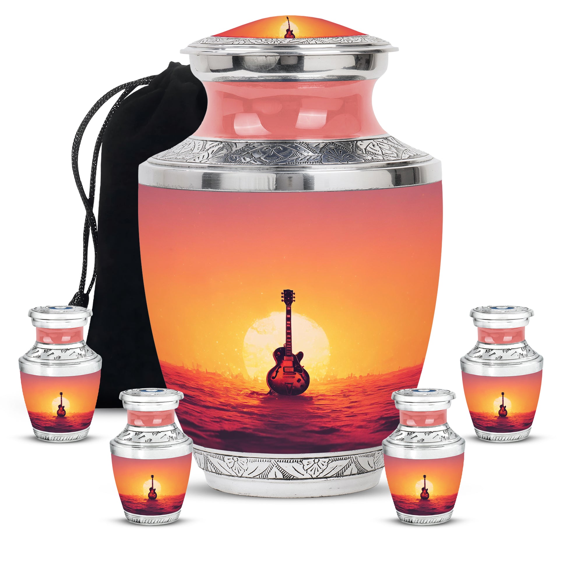 Scarlet Red Guitar Cremation Urn lifestyle display on memorial shelf - stylized abstract guitar pattern with bold lines - memorial set with one large and four small urns