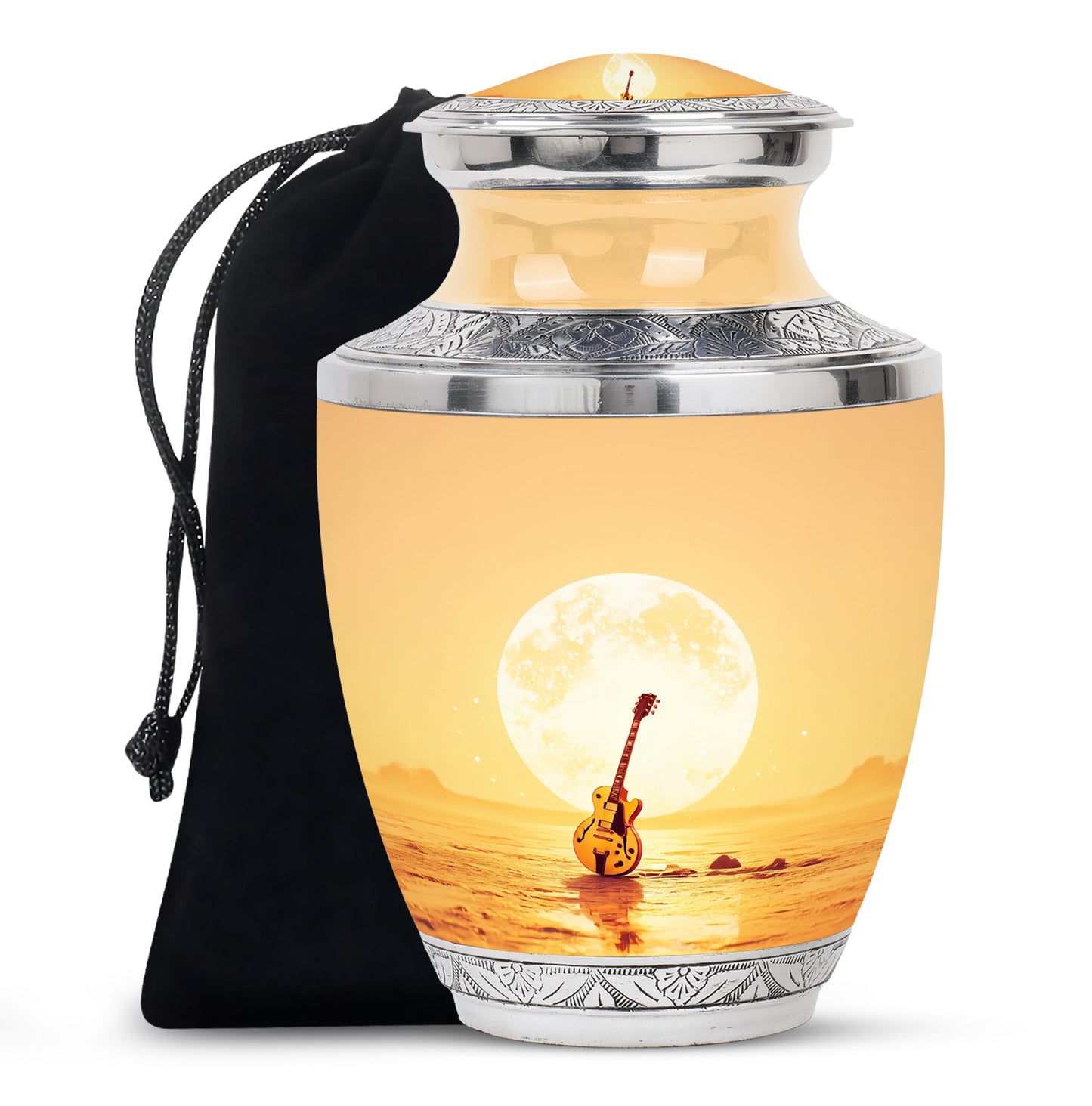 Burnished Gold Guitar Cremation Urn side profile showing urn shape - stylized abstract guitar pattern with bold lines - full-size 10 inch 200 cubic inch adult cremation urn