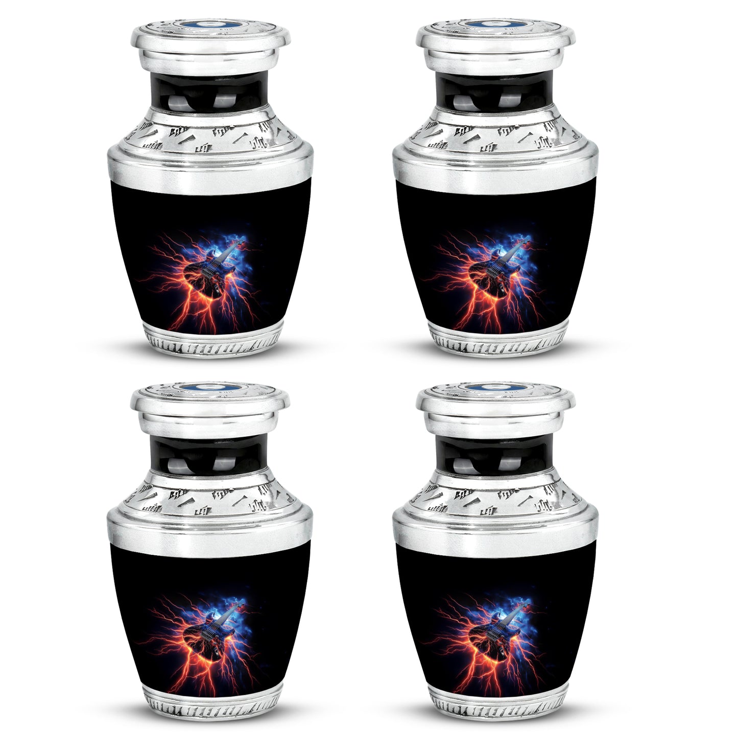 Glossy Black Guitar Cremation Urn back view with polished surface - modern art-inspired guitar motif on sleek aluminum - 10 inch aluminum urn for cremated remains