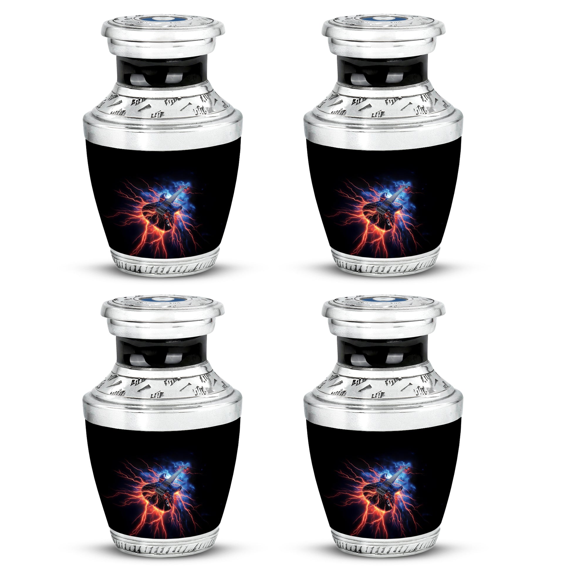 Glossy Black Guitar Cremation Urn back view with polished surface - modern art-inspired guitar motif on sleek aluminum - 10 inch aluminum urn for cremated remains