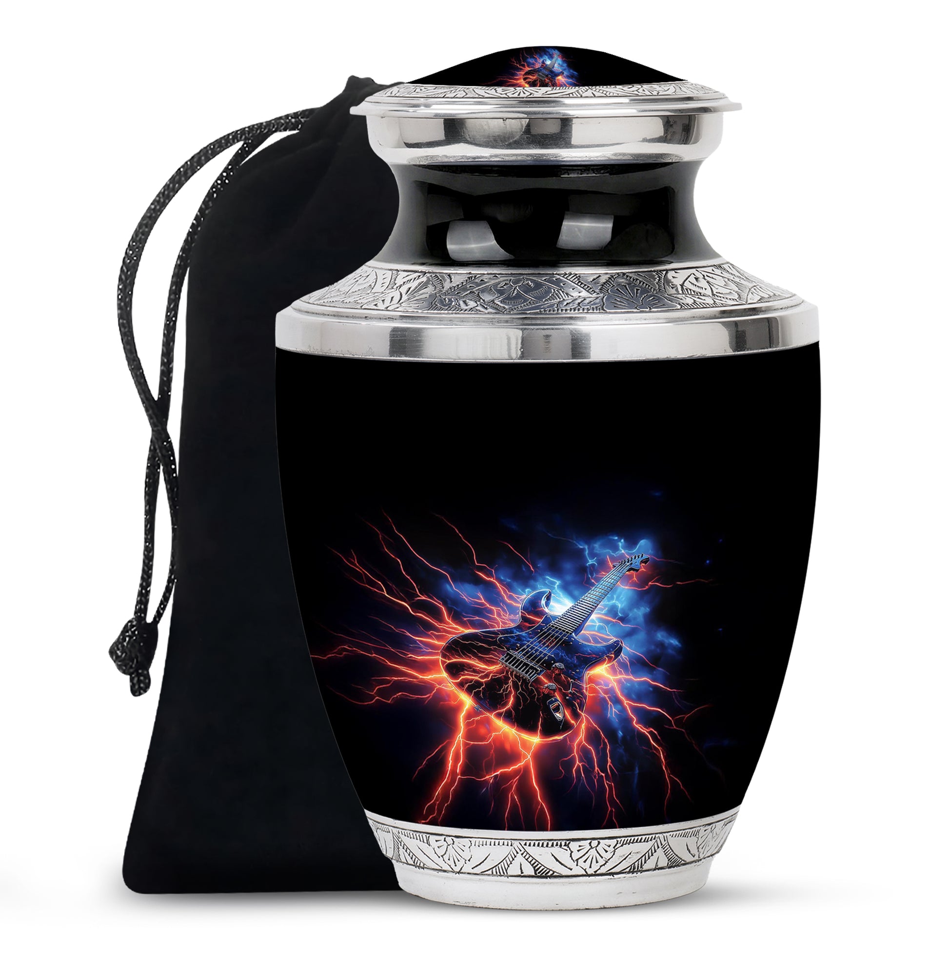 Deep Black Guitar Cremation Urn side profile showing urn shape - contemporary guitar design with modern artistic flair - full-size 10 inch 200 cubic inch adult cremation urn