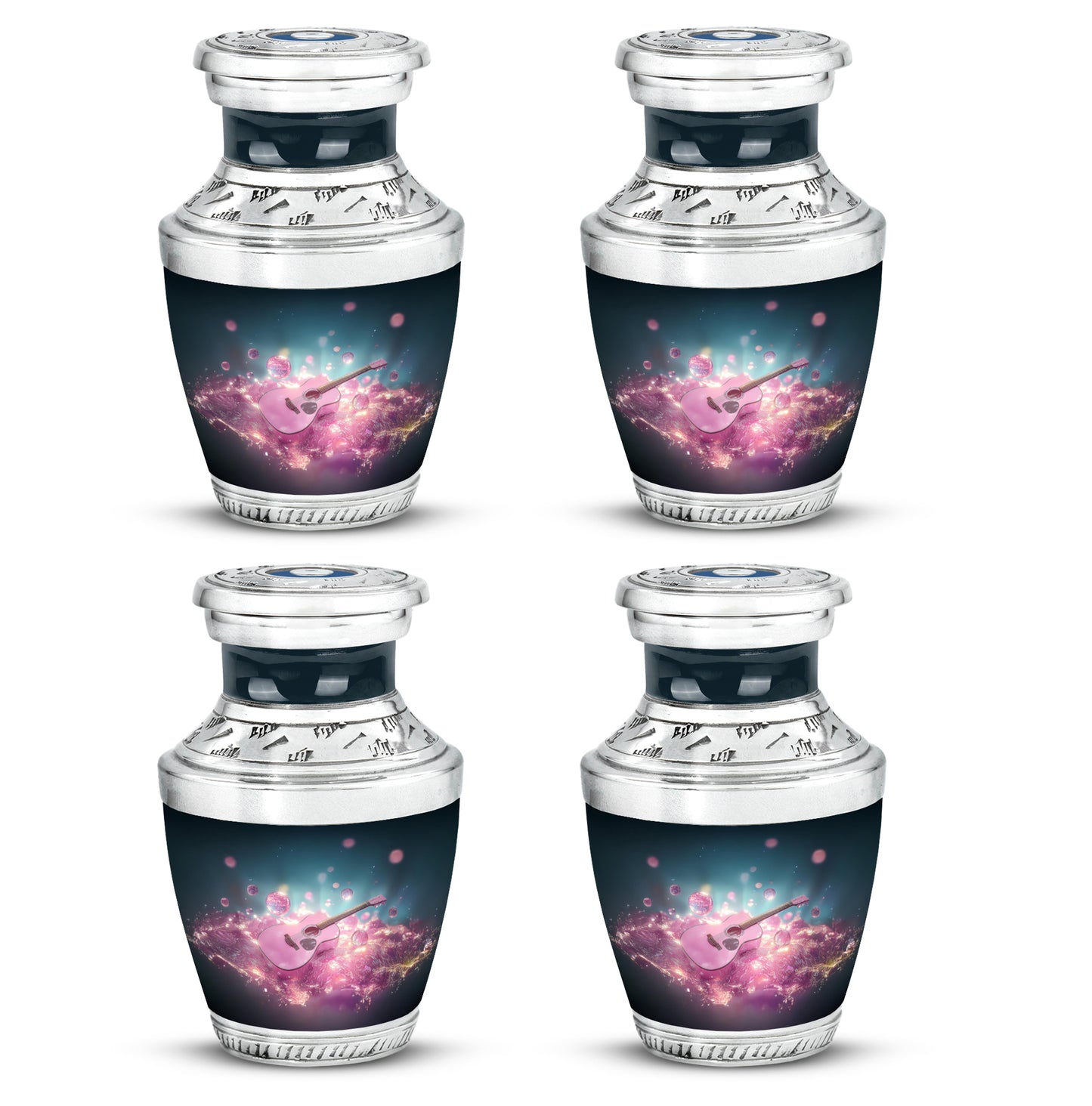 Indigo Guitar Cremation Urn back view with polished surface - contemporary guitar design with modern artistic flair - 10 inch aluminum urn for cremated remains