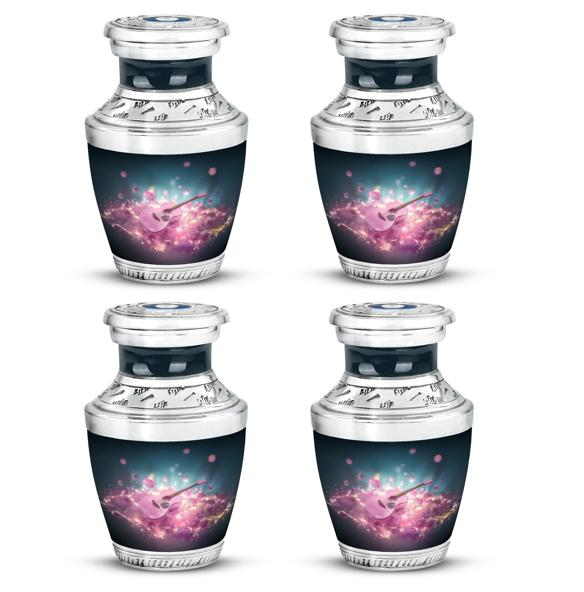 Indigo Guitar Cremation Urn back view with polished surface - contemporary guitar design with modern artistic flair - 10 inch aluminum urn for cremated remains