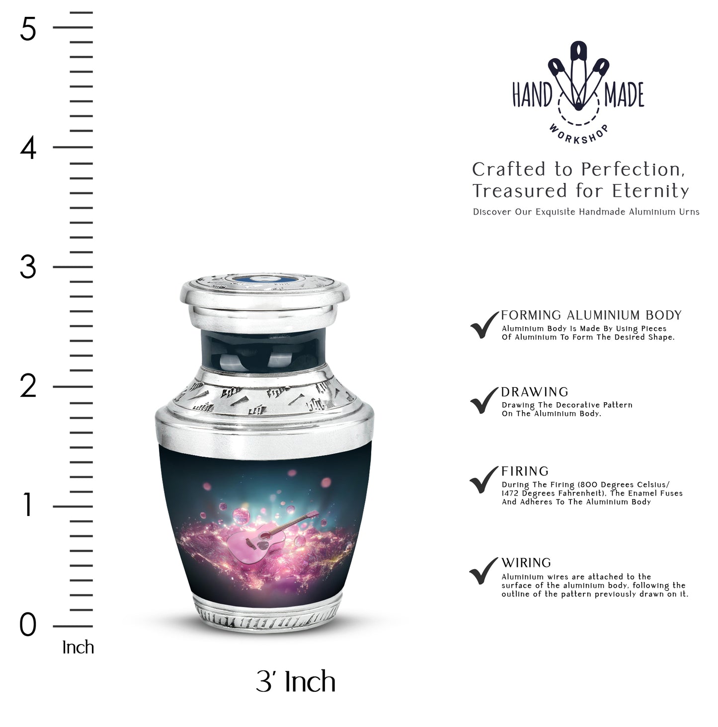 Royal Blue Guitar Cremation Urn top-down view of secure threaded lid - artistic guitar interpretation with creative detail - mini keepsake memorial for portion of cremation ashes