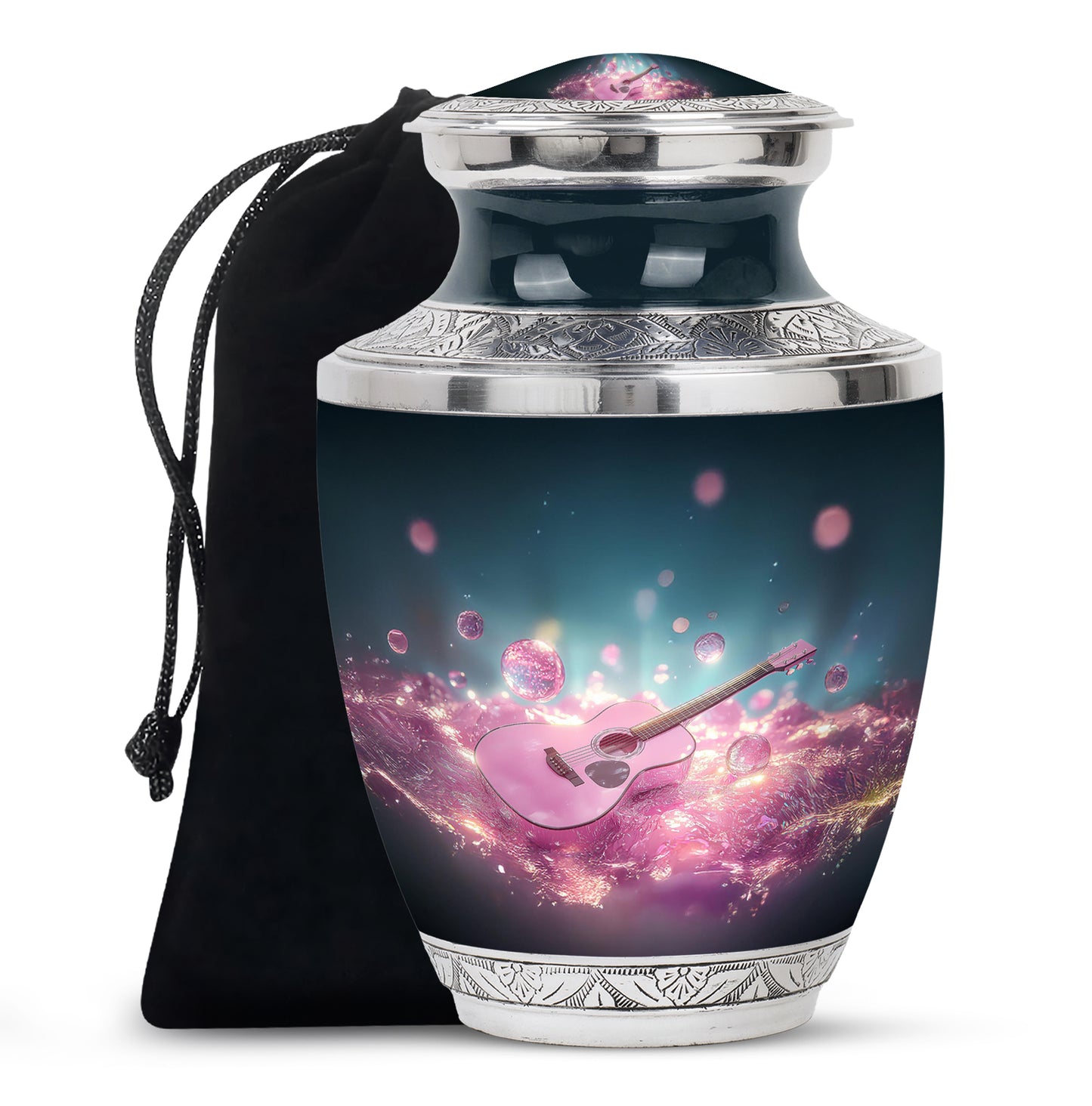 Dusty Blue Guitar Cremation Urn side profile showing urn shape - contemporary guitar design with modern artistic flair - full-size 10 inch 200 cubic inch adult cremation urn