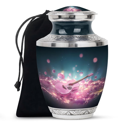Dusty Blue Guitar Cremation Urn side profile showing urn shape - contemporary guitar design with modern artistic flair - full-size 10 inch 200 cubic inch adult cremation urn